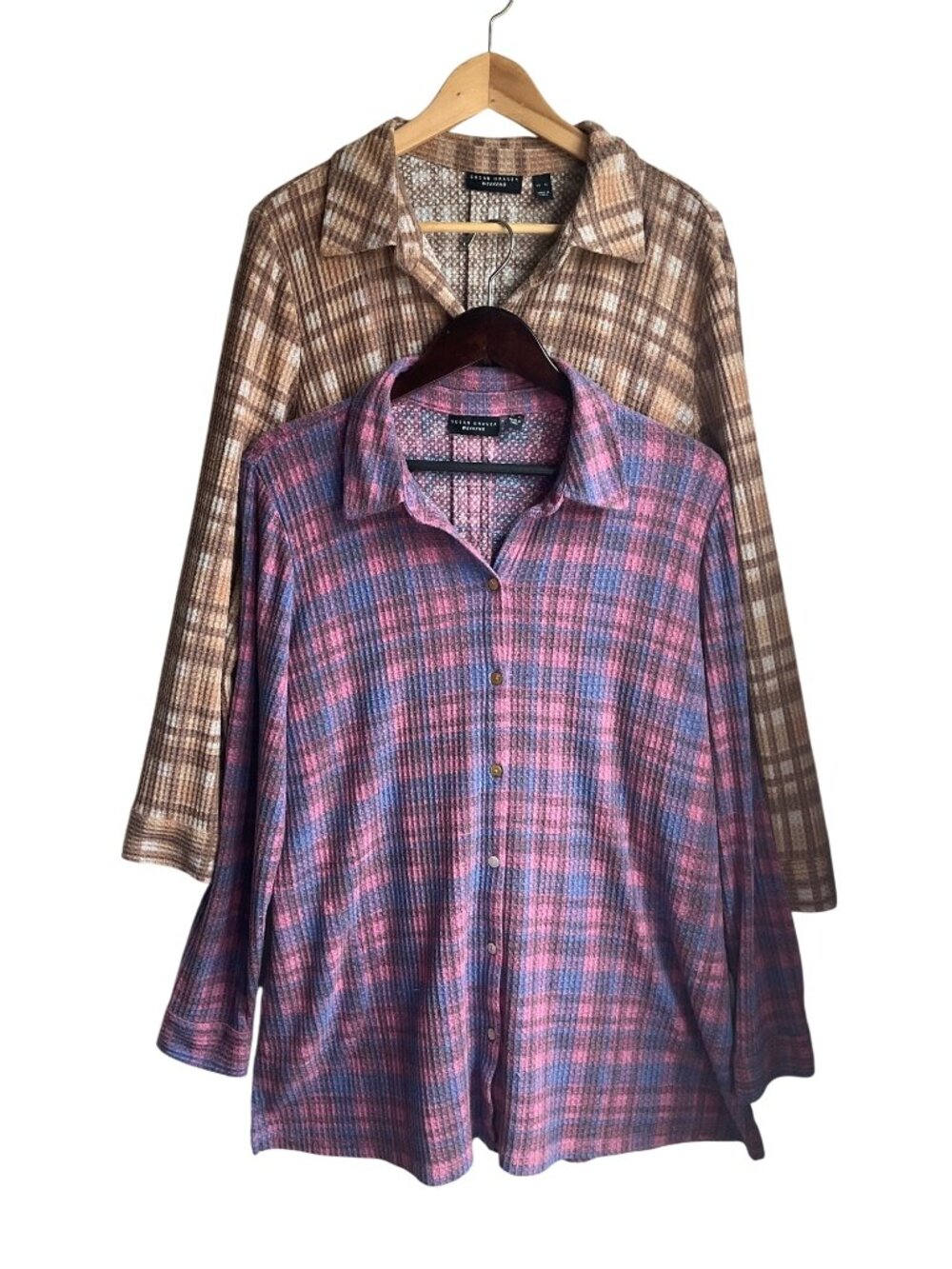 Susan Graver Weekend XL Set 2 Plaid Waffle Knit Tunic Button Shirts Purple Cream